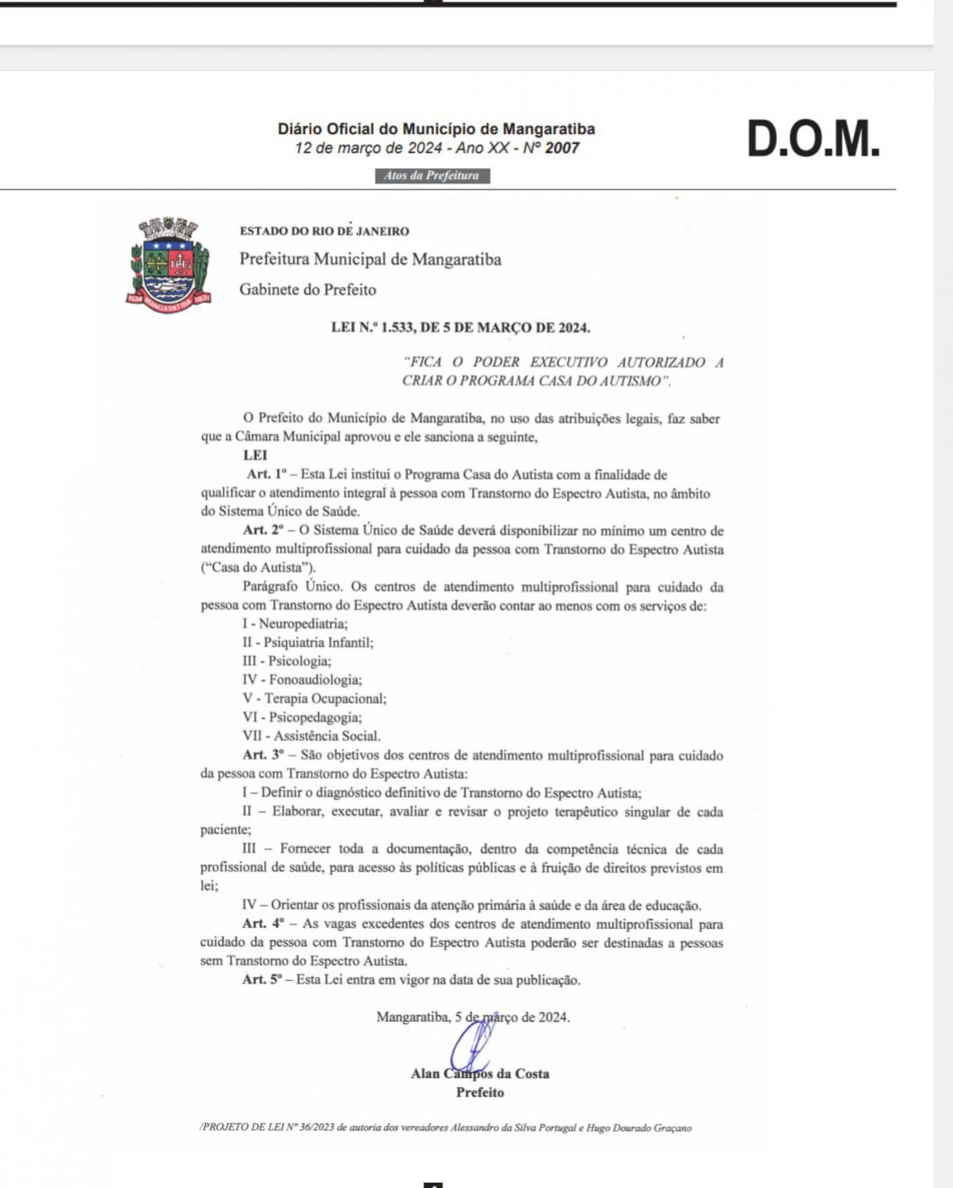 Prefeito Alan Bombeiro sanciona a Lei n&ordm; 1.533 - Divulga&ccedil;&atilde;o/D.O.M