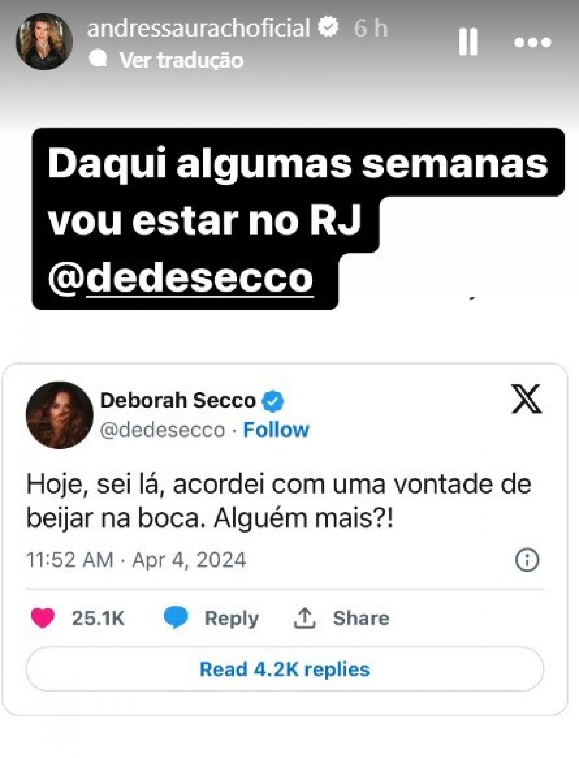 Recado de Andressa Urach para Deborah Secco após separação da atriz - Reprodução / Instagram