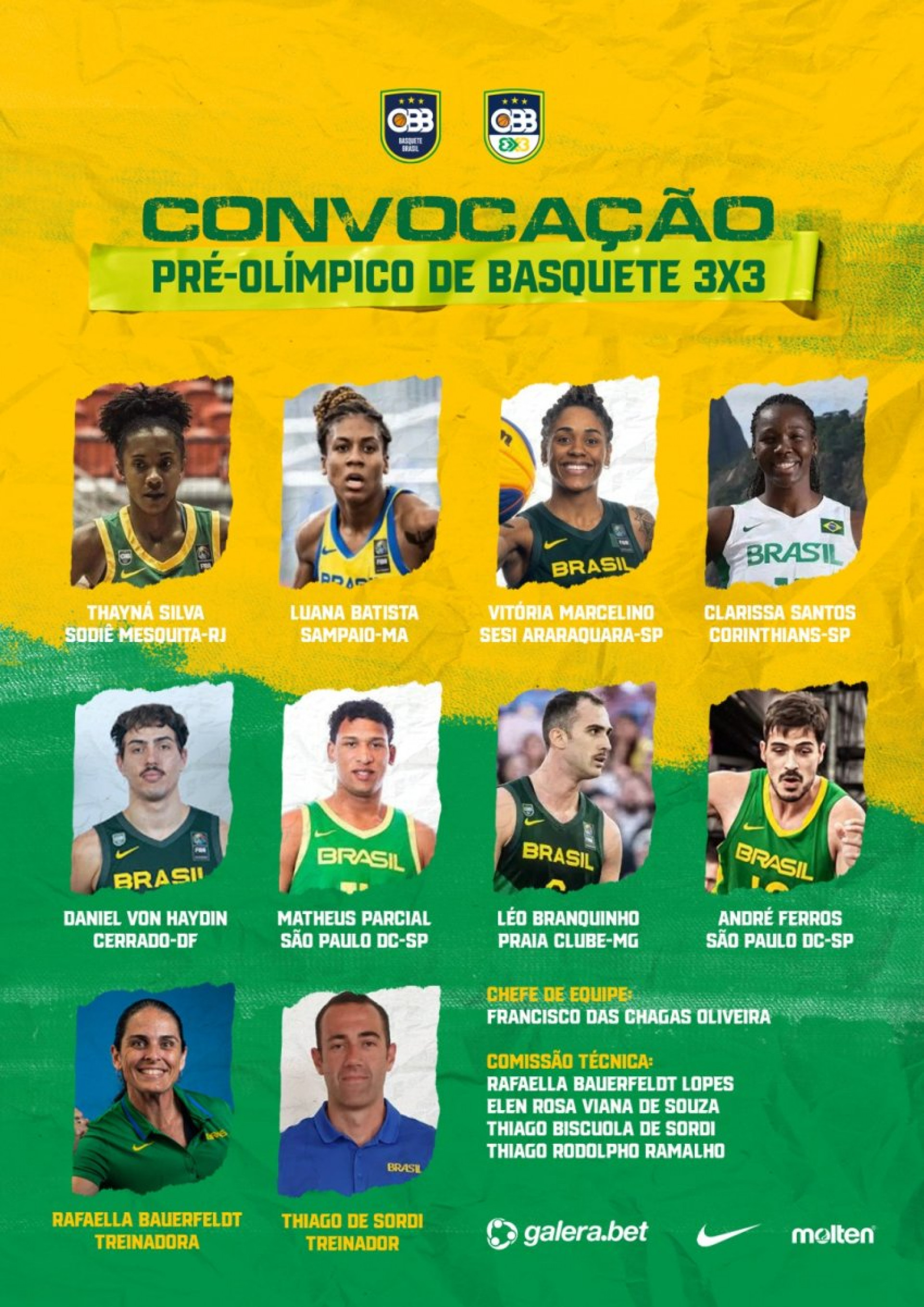 Atletas convocados pela CBB para o Pré-Olímpico de Basquete 3x3 - Divulgação/CBB
