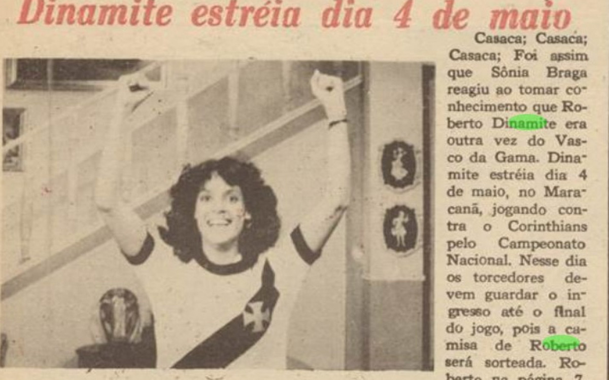 Capa da edi&ccedil;&atilde;o de abril de 1980 do Jornal do Vasco tem a atriz S&ocirc;nia Braga celebrando retorno de Dinamite  - Reprodu&ccedil;&atilde;o / Jornal do Vasco