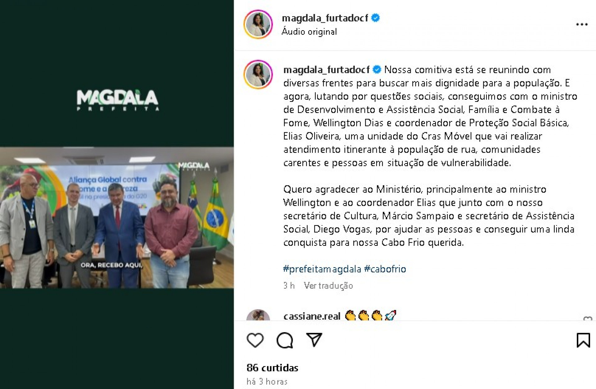 Publicação da prefeita Magdala Furtado - Reprodução/ Redes sociais