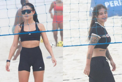 Jade Picon e Bárbara Labres treinam futevôlei na Barra da Tijuca