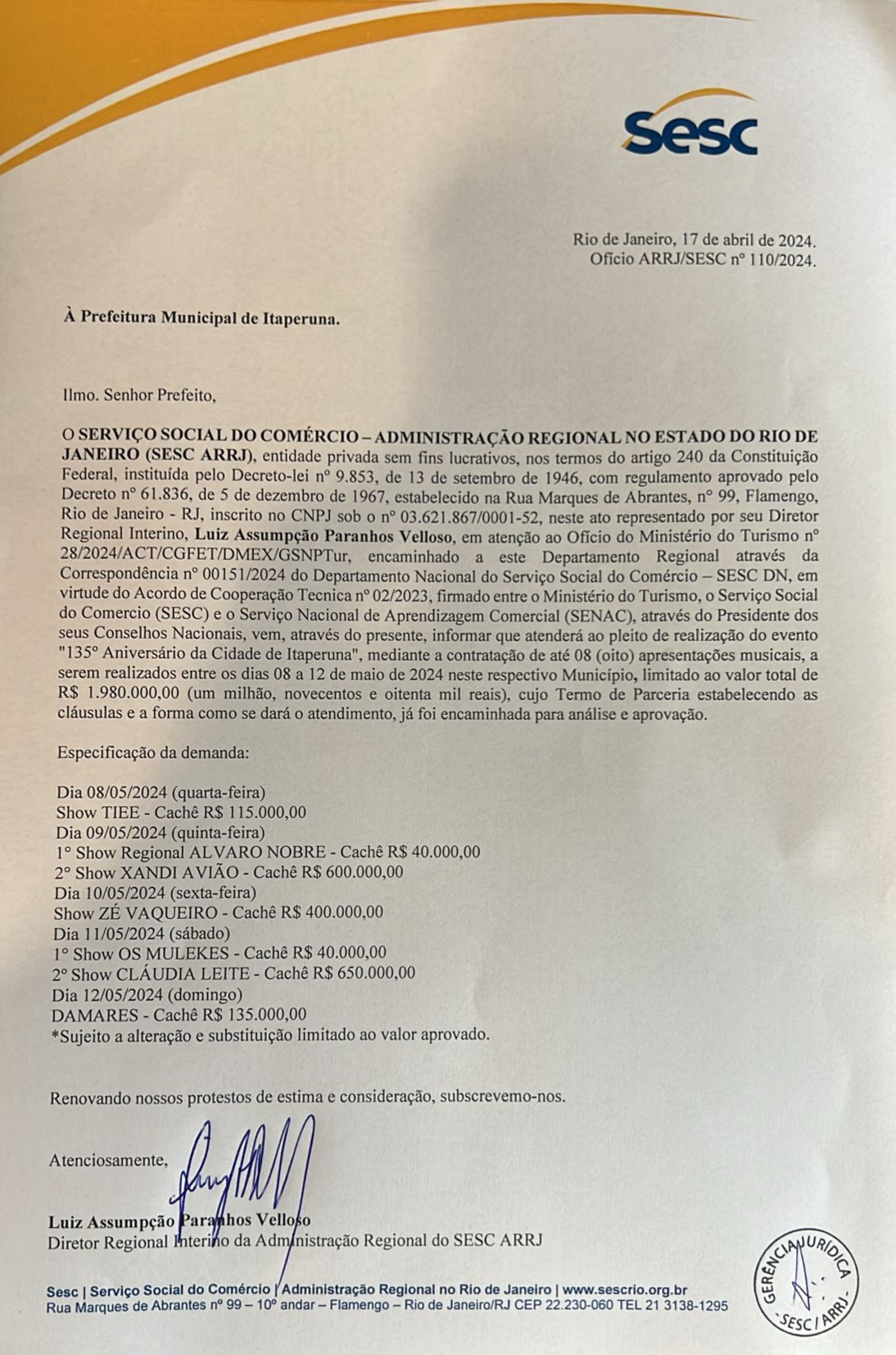 Ofício mostra como o Ministério do Turismo formou parceria com o Sesc e Prefeitura de itaperuna