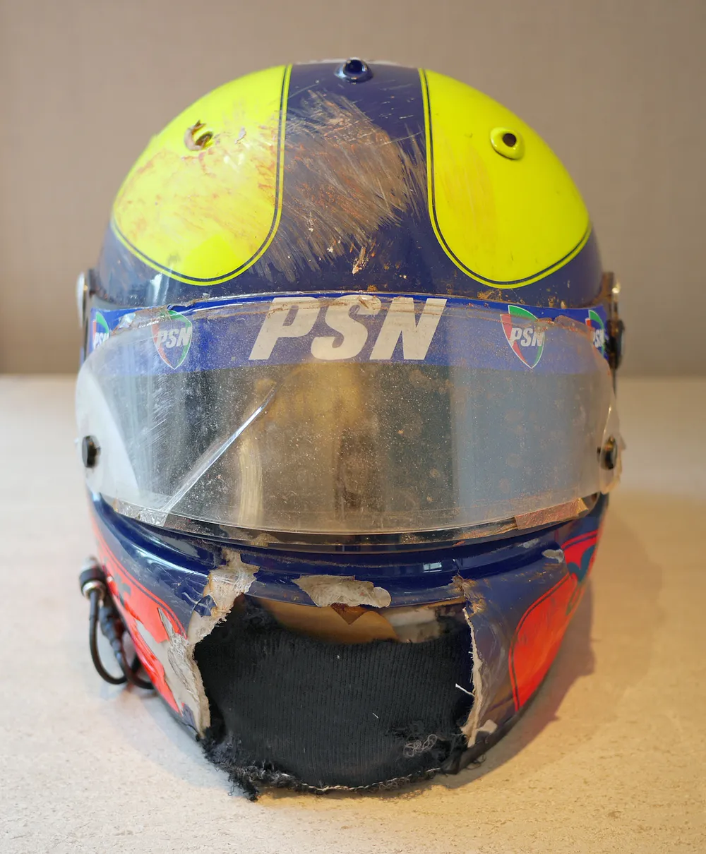 Luciano Burti's helmet was destroyed after a serious accident at the 2001 Belgian GP - Personal archive