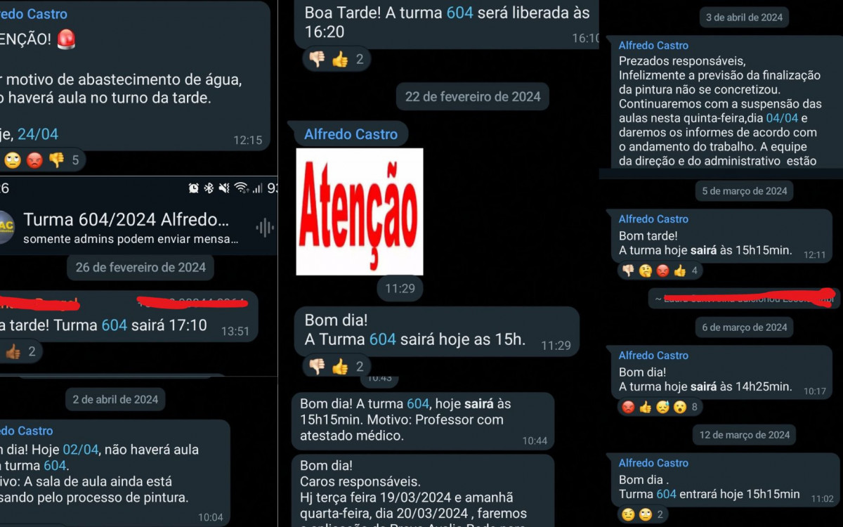 Troca de mensagens entre pais e a direção da Escola Municipal Alfredo Castro, em Cabo Frio