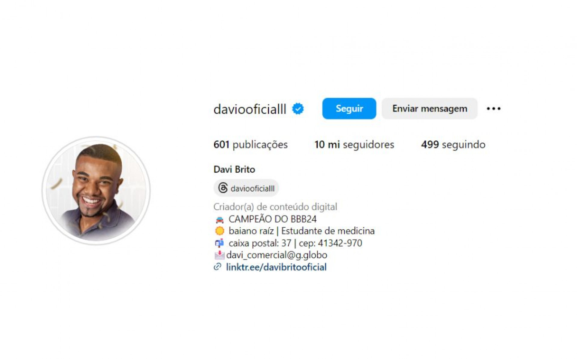 Davi coloca bio do Instagram como 'estudante de medicina' - Reprodução / Instagram