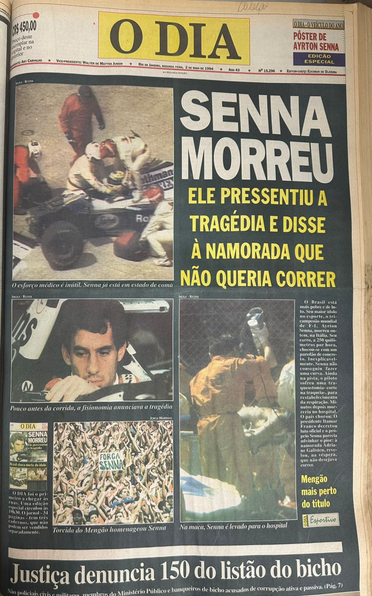 Capa do Jornal O Dia em 2 de maio de 1994 destacou a morte de Ayrton Senna - Reprodução / Jornal O Dia