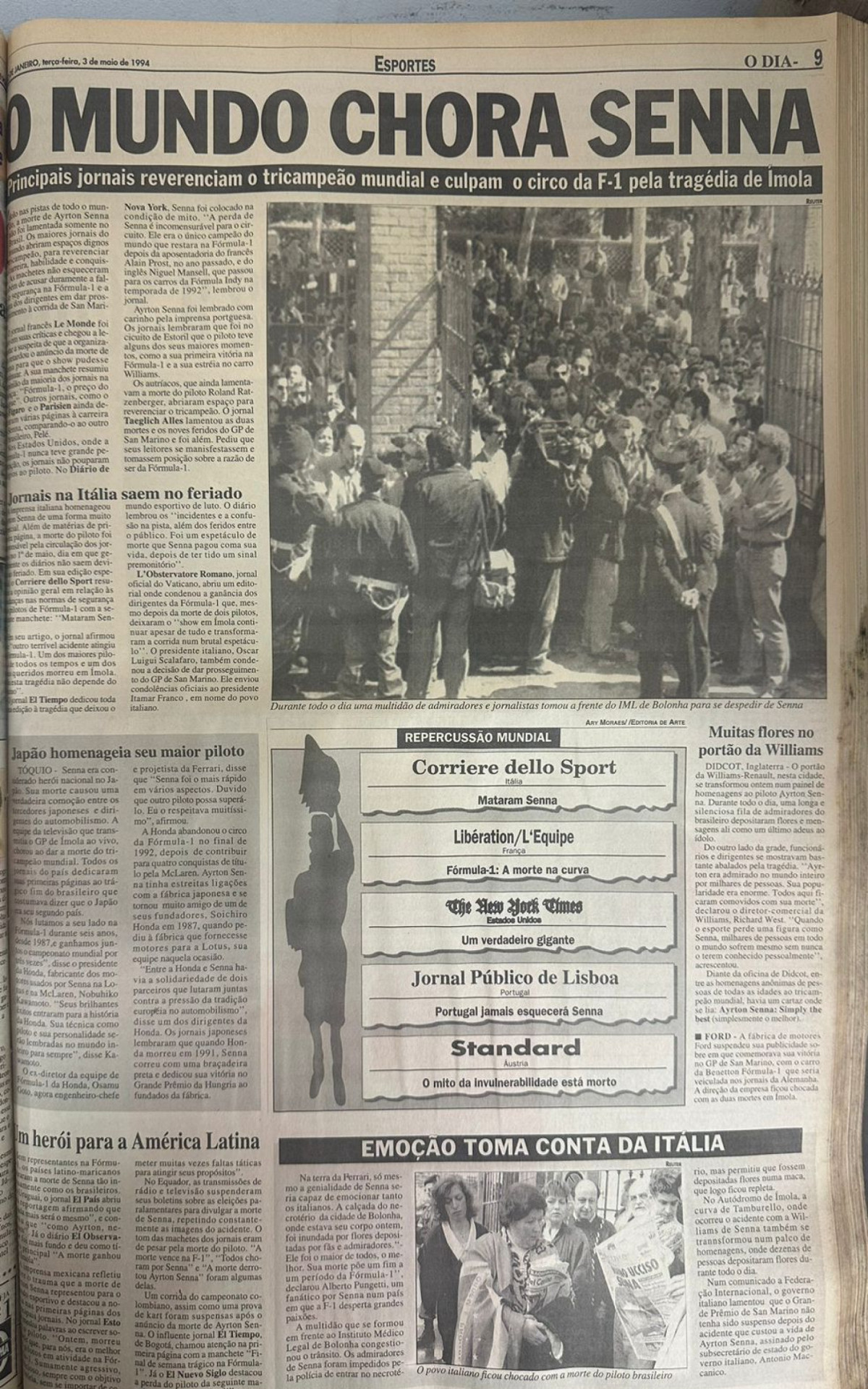 Matéria do Jornal O Dia de 3 de maio de 1994 mostra a repercussão nos jornais pelo mundo da morte de Ayrton Senna