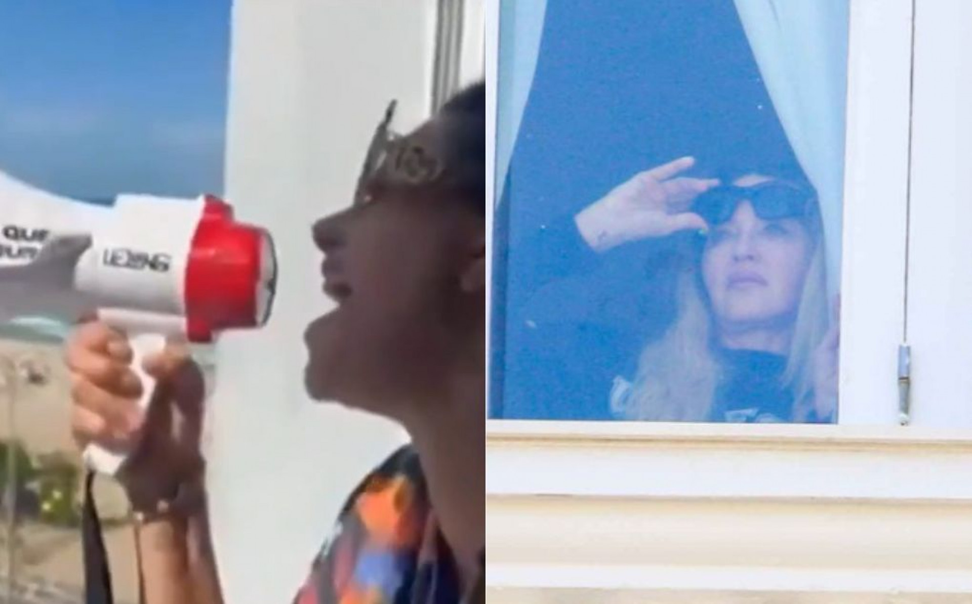 Narcisa Tamborindeguy usa megafone para chamar a atenção de Madonna - Reprodução/TV Globo / Jc Pereira/Ag. News