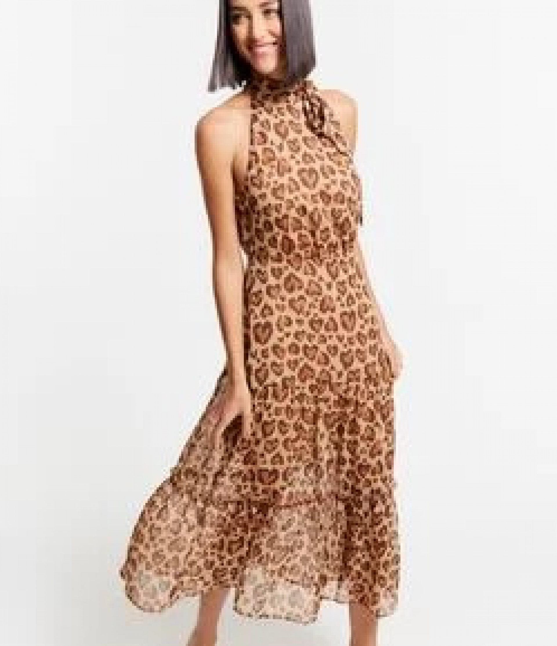 Vestido midi em chiffon com laço na gola e estampa oncinha