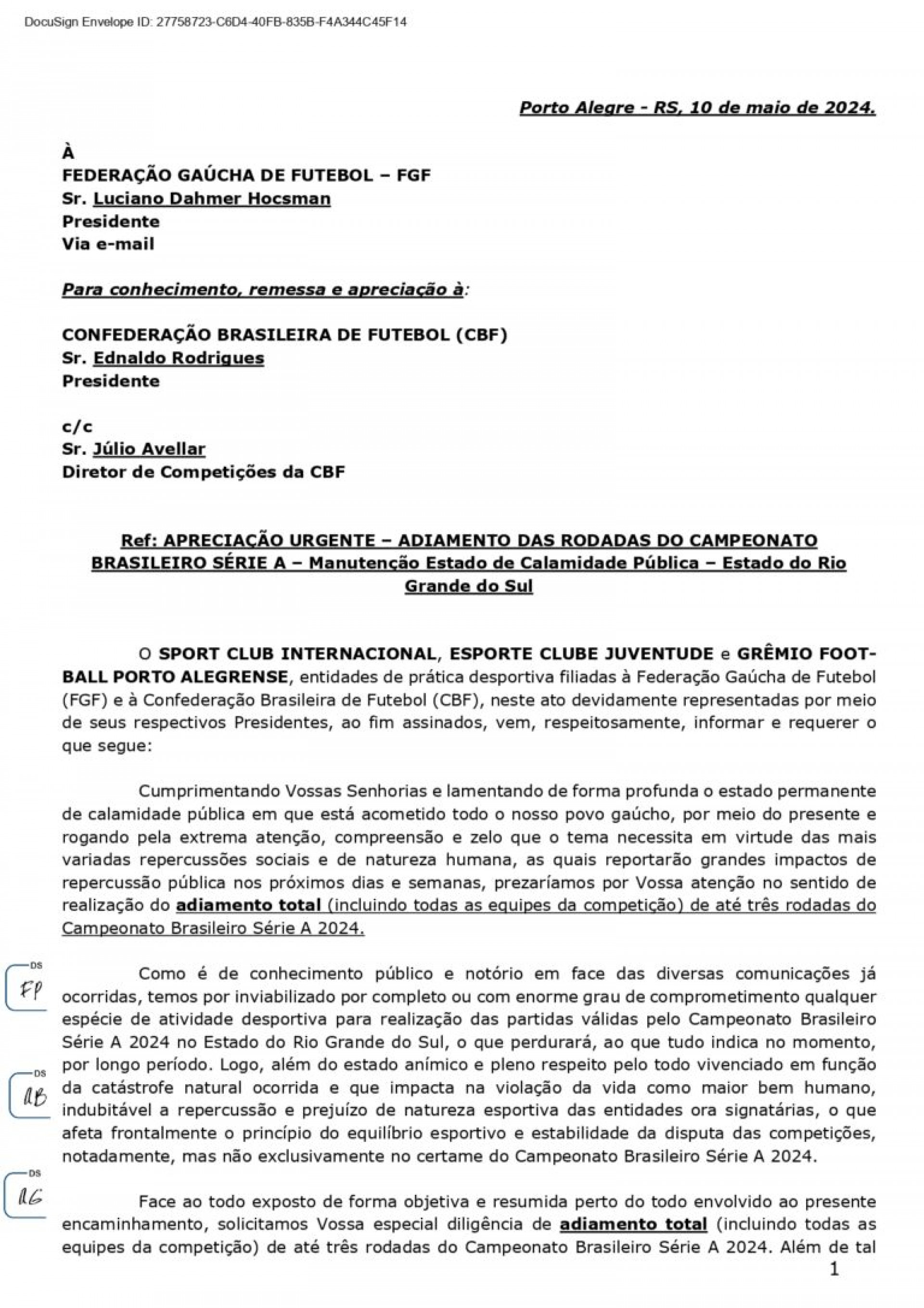 Ofício dos clubes gaúchos - Divulgação/Grêmio e Internacional