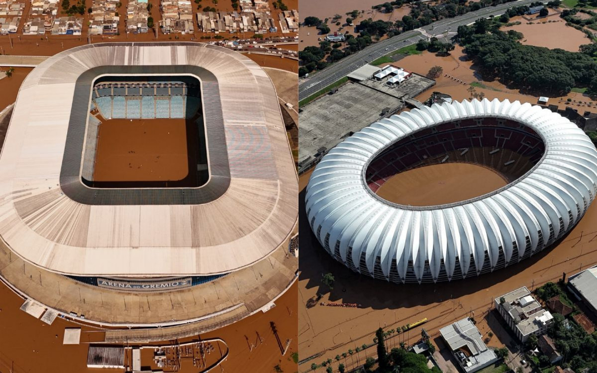 Arena do Gr&ecirc;mio e est&aacute;dio Beira-Rio, do Inter, ficaram completamente alagados