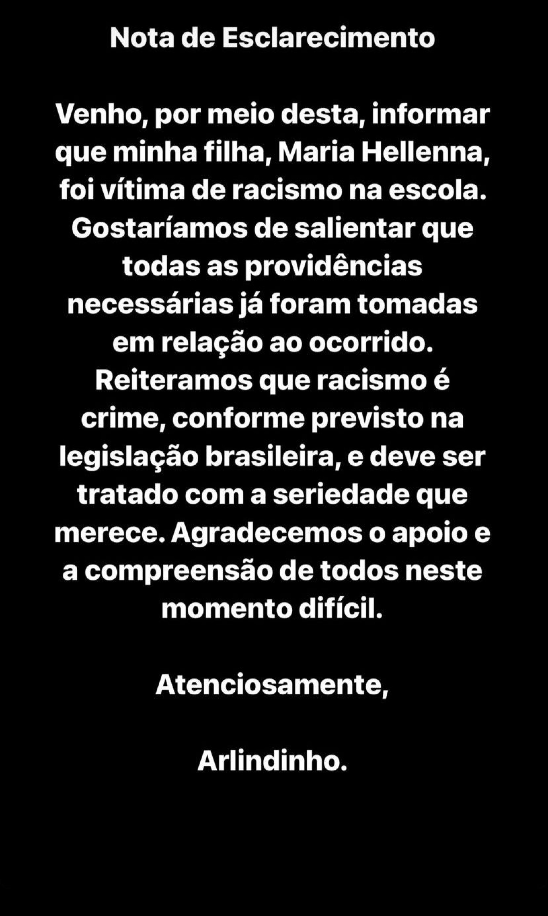 Arlindinho publicou nota em suas redes sociais