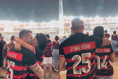 Arthur Picoli e Ivy Moraes assistem a jogo do Flamengo com camisa personalizada: 'Tenho dona'