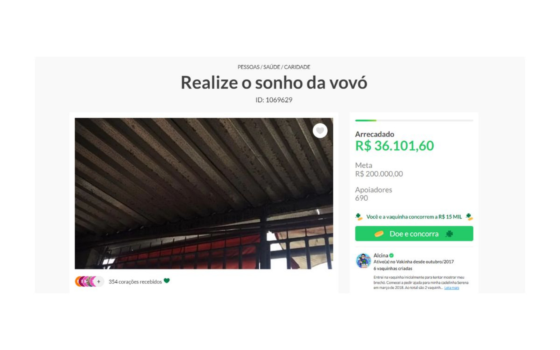 Perfil de idosa pede doações diariamente - Reprodução / Vakinhas