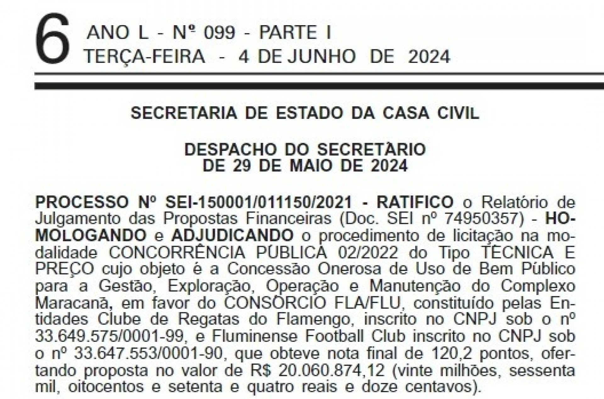Flamengo e Fluminense venceram o processo licitatório do Maracanã - Reprodução/Diário Oficial 