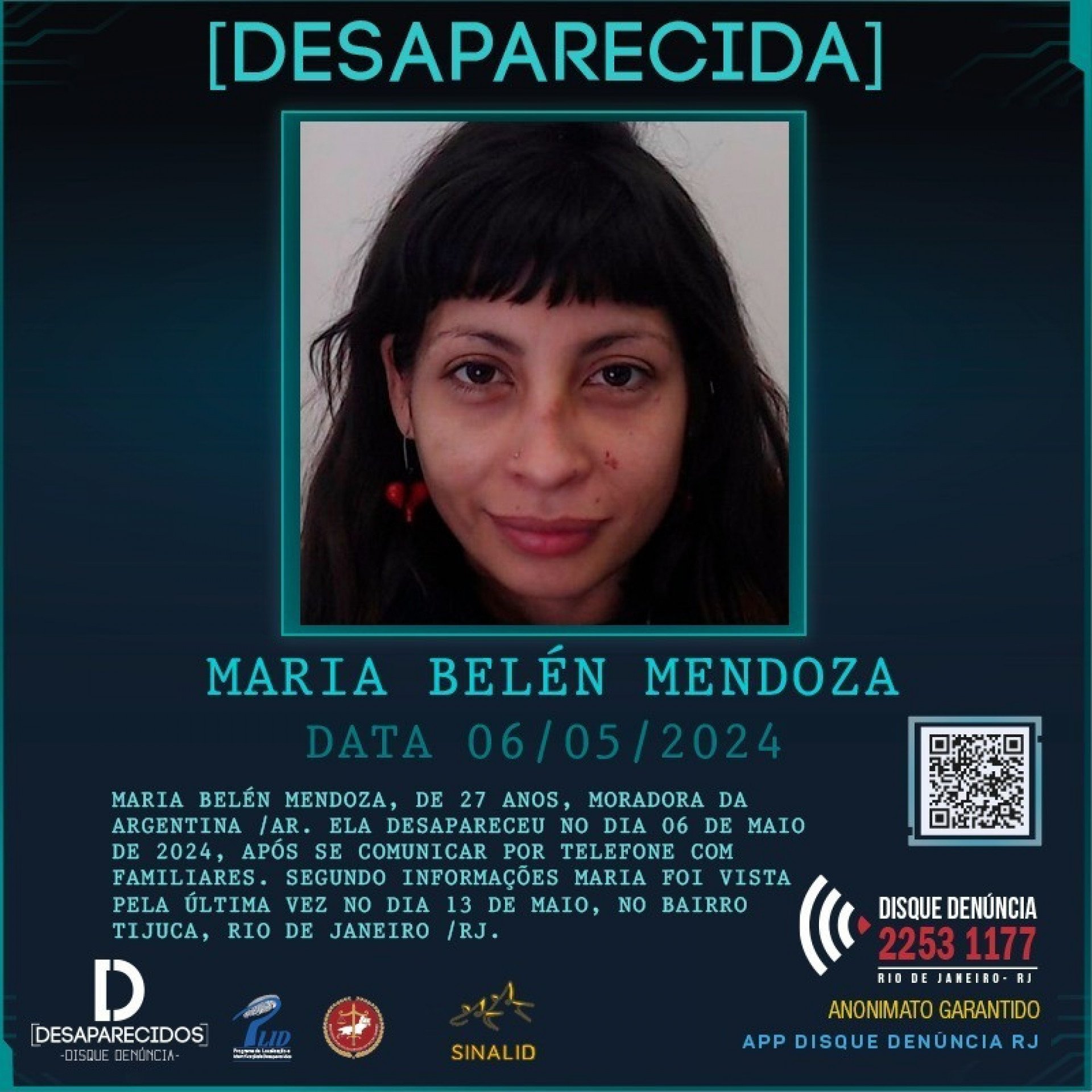 Maria Belén Mendonza, 27, estava em situação de vulnerabilidade - Divulgação/Disque Denúncia