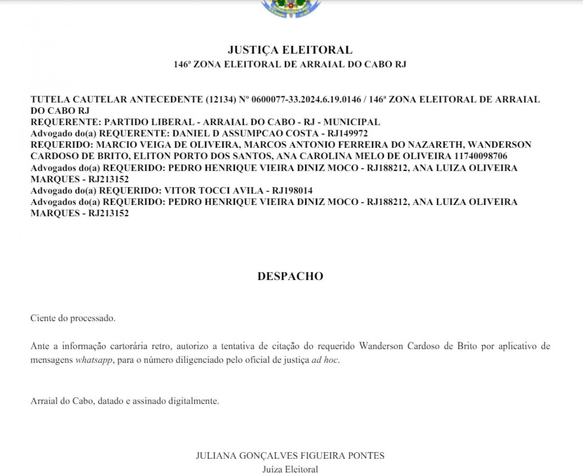 Despacho da juíza eleitoral Juliana Gonçalves  - Reprodução 