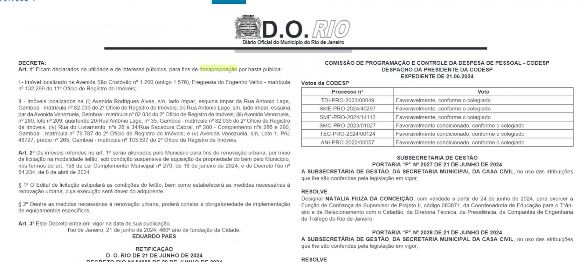 Desapropriação do terreno do Gasômetro - Diário Oficial do Rio de Janeiro