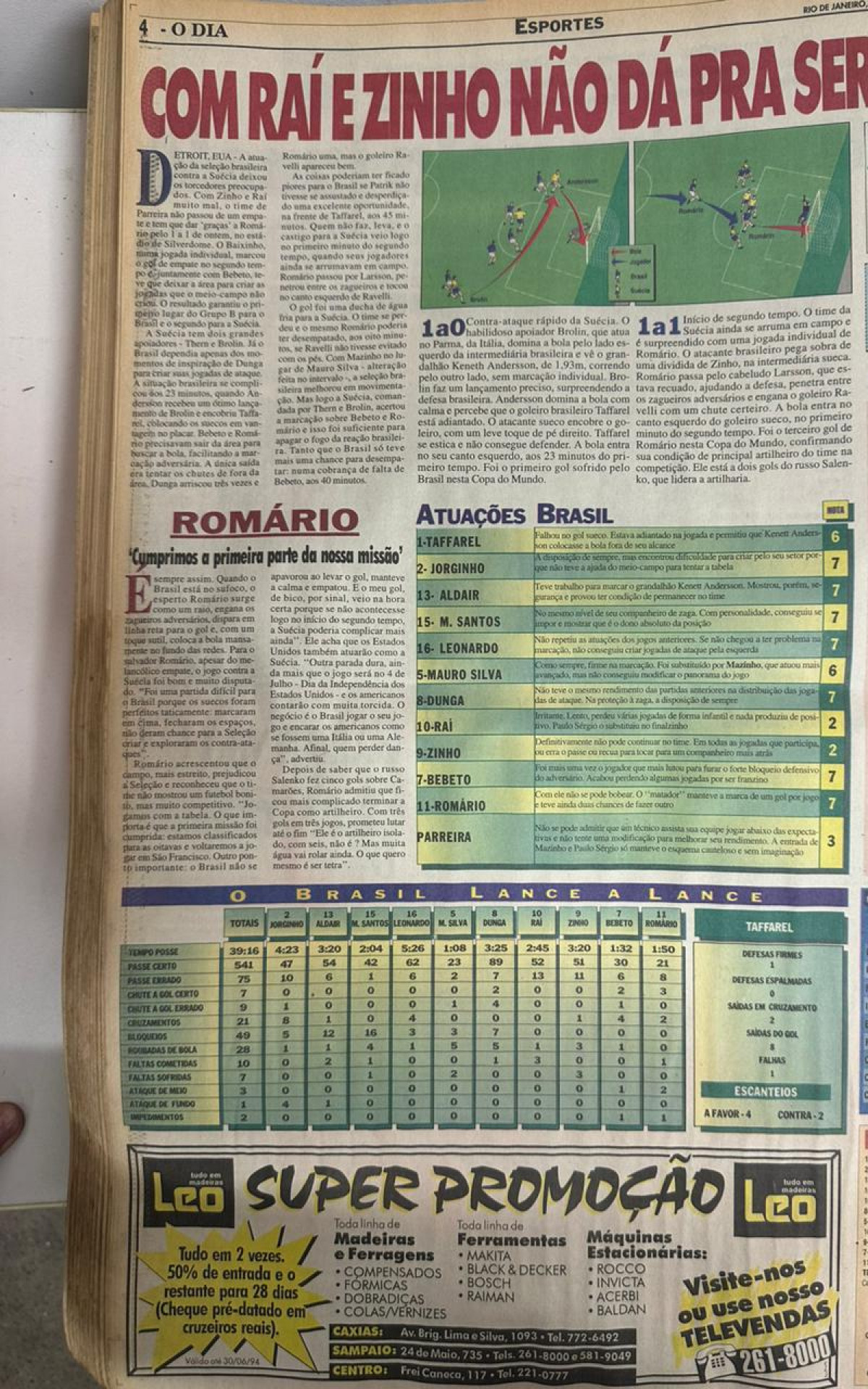 Após frustrante empate em 1 a 1 com a Suécia, no último jogo do Grupo B, matéria de 28 de junho de 1994 criticou o meio de campo com Raí e Zinho, que não funcionou desde o início da Copa, mas que Parreira manteve por três jogos