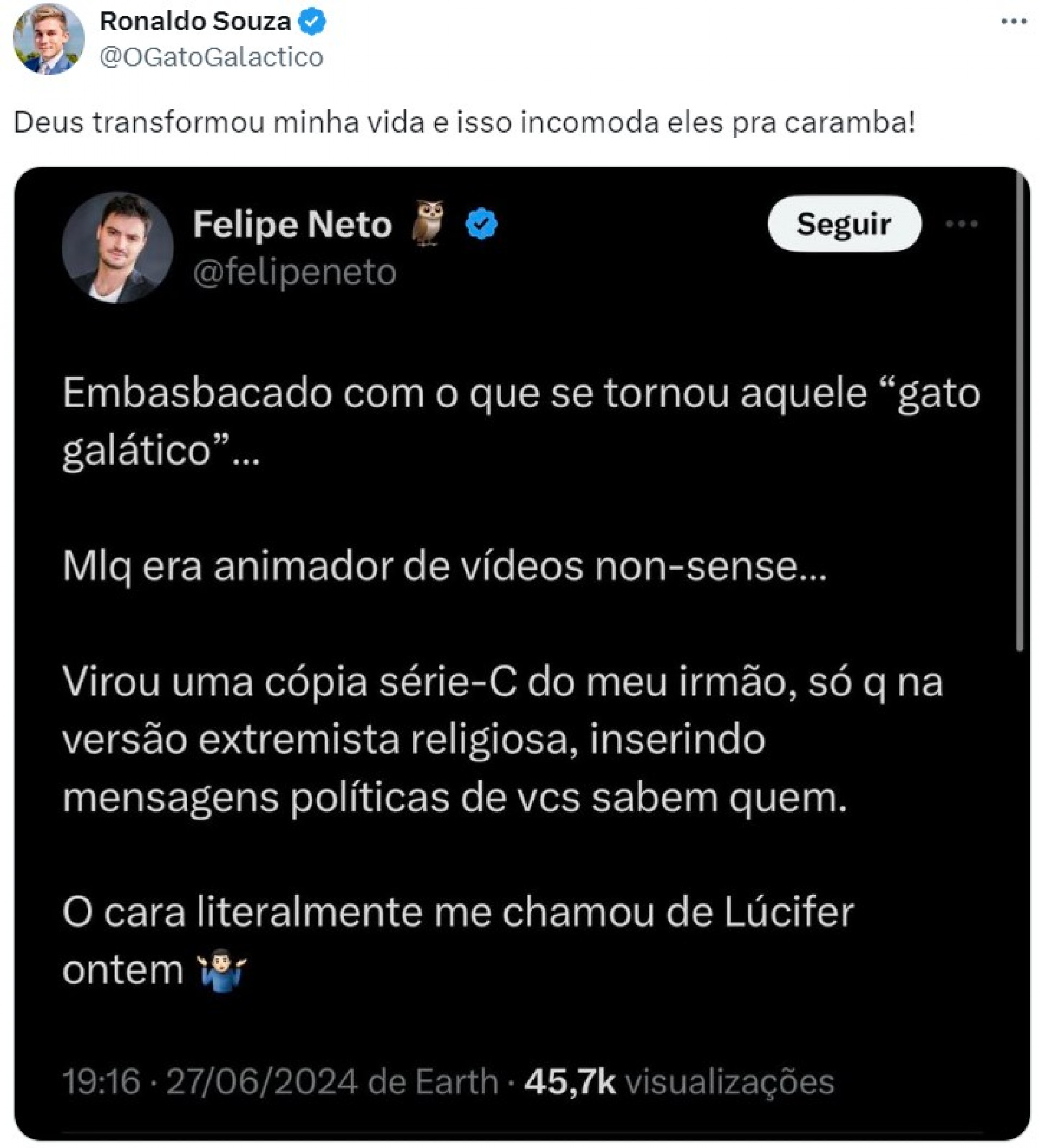 Influenciador infantil troca farpas com Felipe Neto após ser acusado de fazer post nazista - Reprodução / X