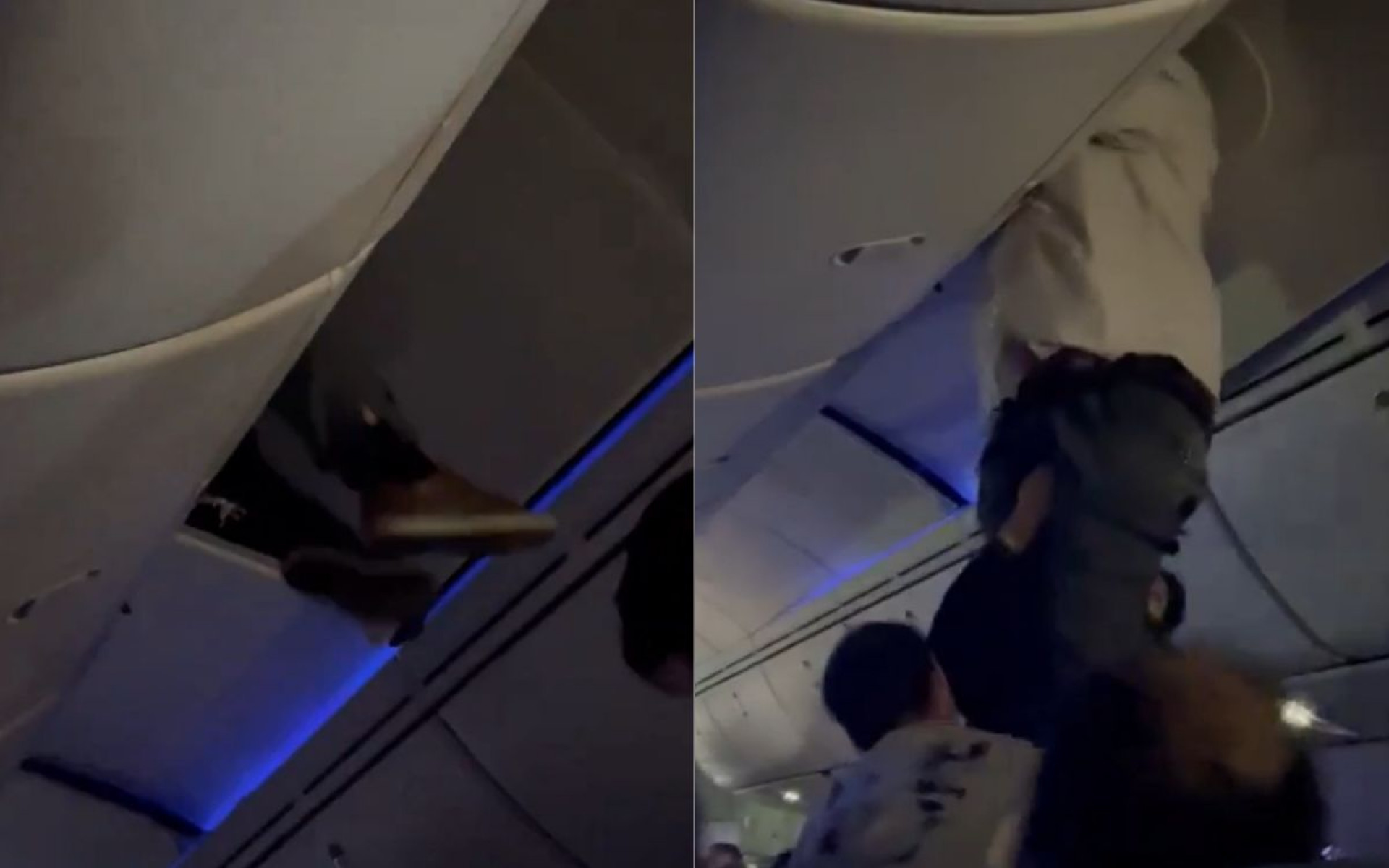 Passageiro ficou preso entre o bagageiro e o teto do avião - Reprodução / Redes Sociais