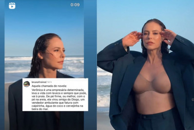 Paolla Oliveira posa de terno na praia e se diverte com a reação dos fãs