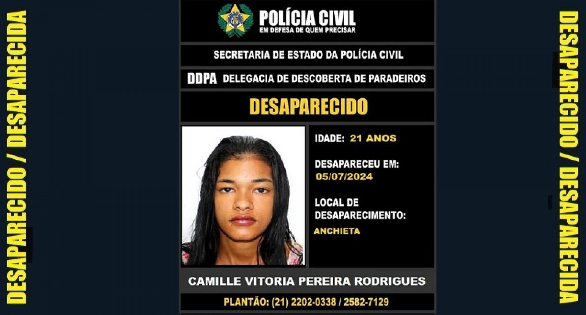 Polícia Civil investiga o paradeiro de Camille Vitória, de 21 anos, vista pela última vez no Centro do Rio - Divulgação
