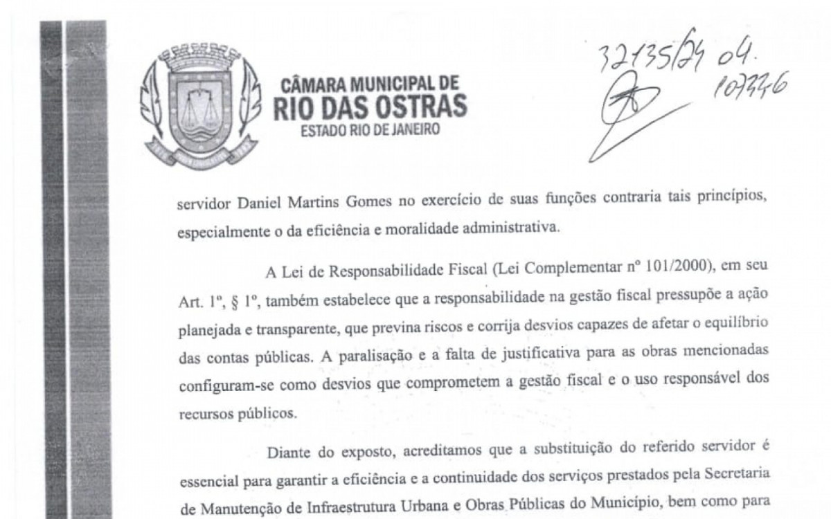 Vereadores de Rio das Ostras solicitam a demiss&atilde;o do Secret&aacute;rio de Obras, Daniel Martins Gomes, em meio a acusa&ccedil;&otilde;es de superfaturamento.