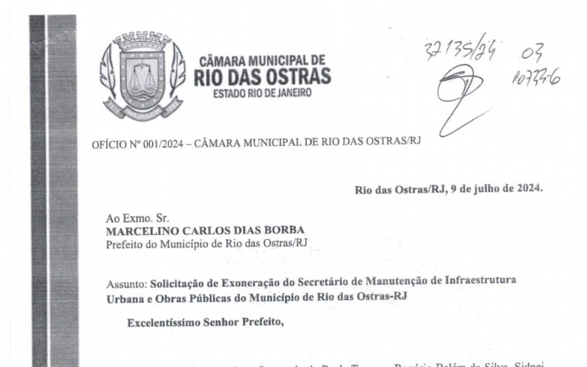 Vereadores de Rio das Ostras solicitam a demiss&atilde;o do Secret&aacute;rio de Obras, Daniel Martins Gomes, em meio a acusa&ccedil;&otilde;es de superfaturamento.