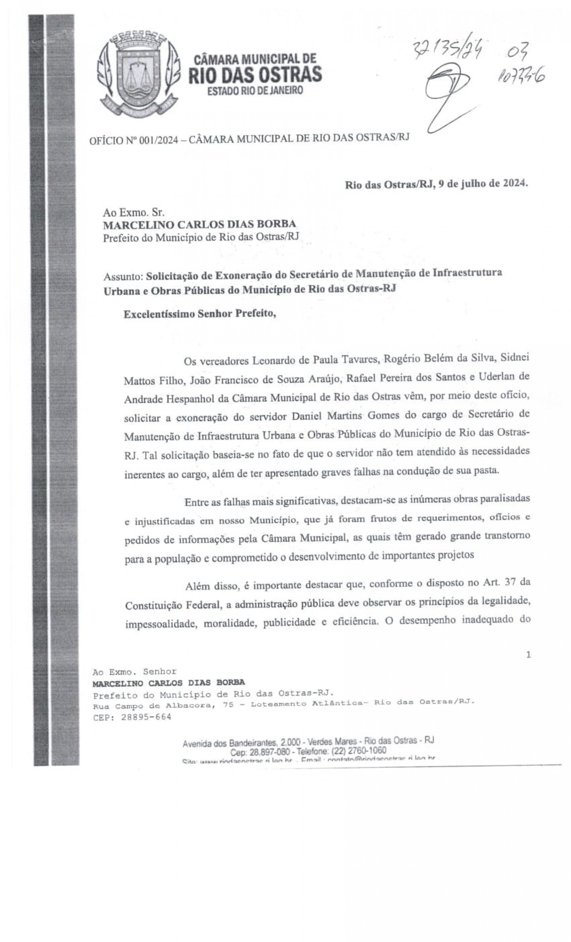 Vereadores de Rio das Ostras solicitam a demiss&atilde;o do Secret&aacute;rio de Obras, Daniel Martins Gomes, em meio a acusa&ccedil;&otilde;es de superfaturamento. - Foto: Reprodu&ccedil;&atilde;o