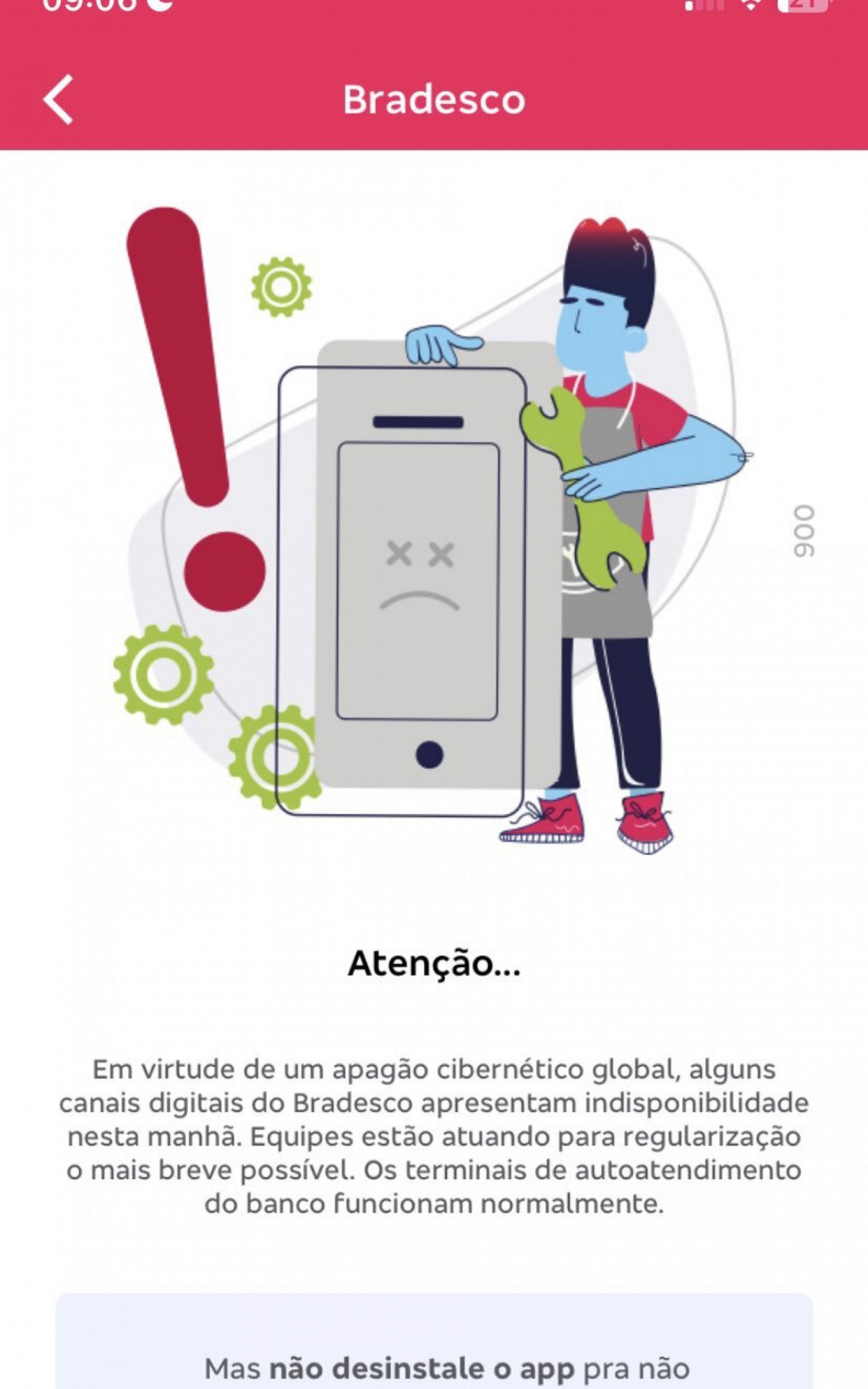 Aviso no app do Bradesco sobre a falha no sistema devido ao apagão nesta sexta-feira (19)