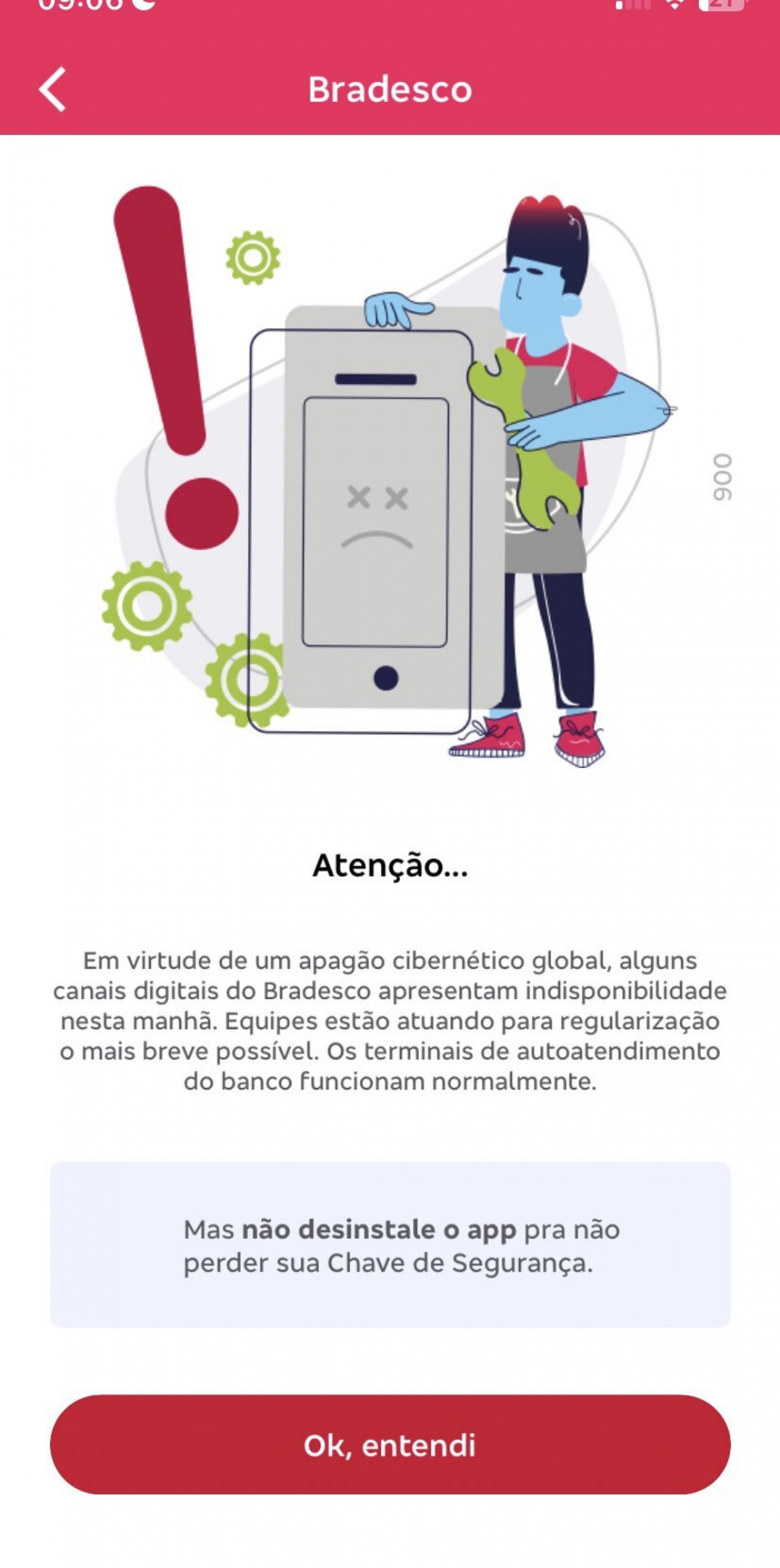 Aviso no app do Bradesco sobre a falha no sistema devido ao apagão nesta sexta-feira (19) - Reprodução