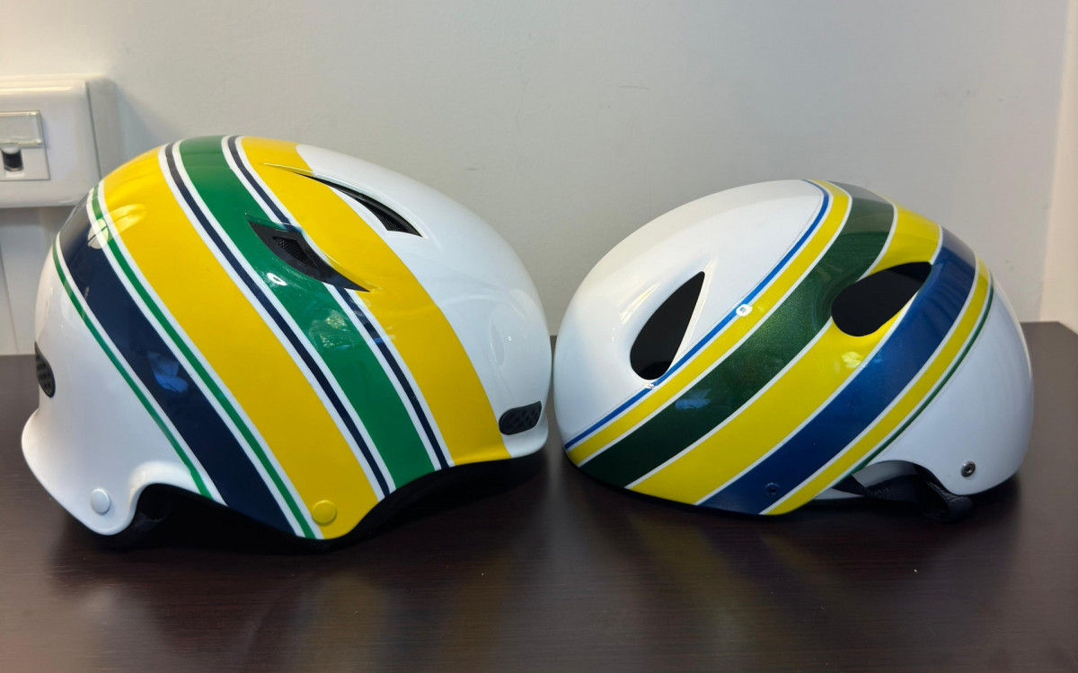 Capacete do canoísta Pepê Gonçalves tem pintura alusiva a Ayrton Senna