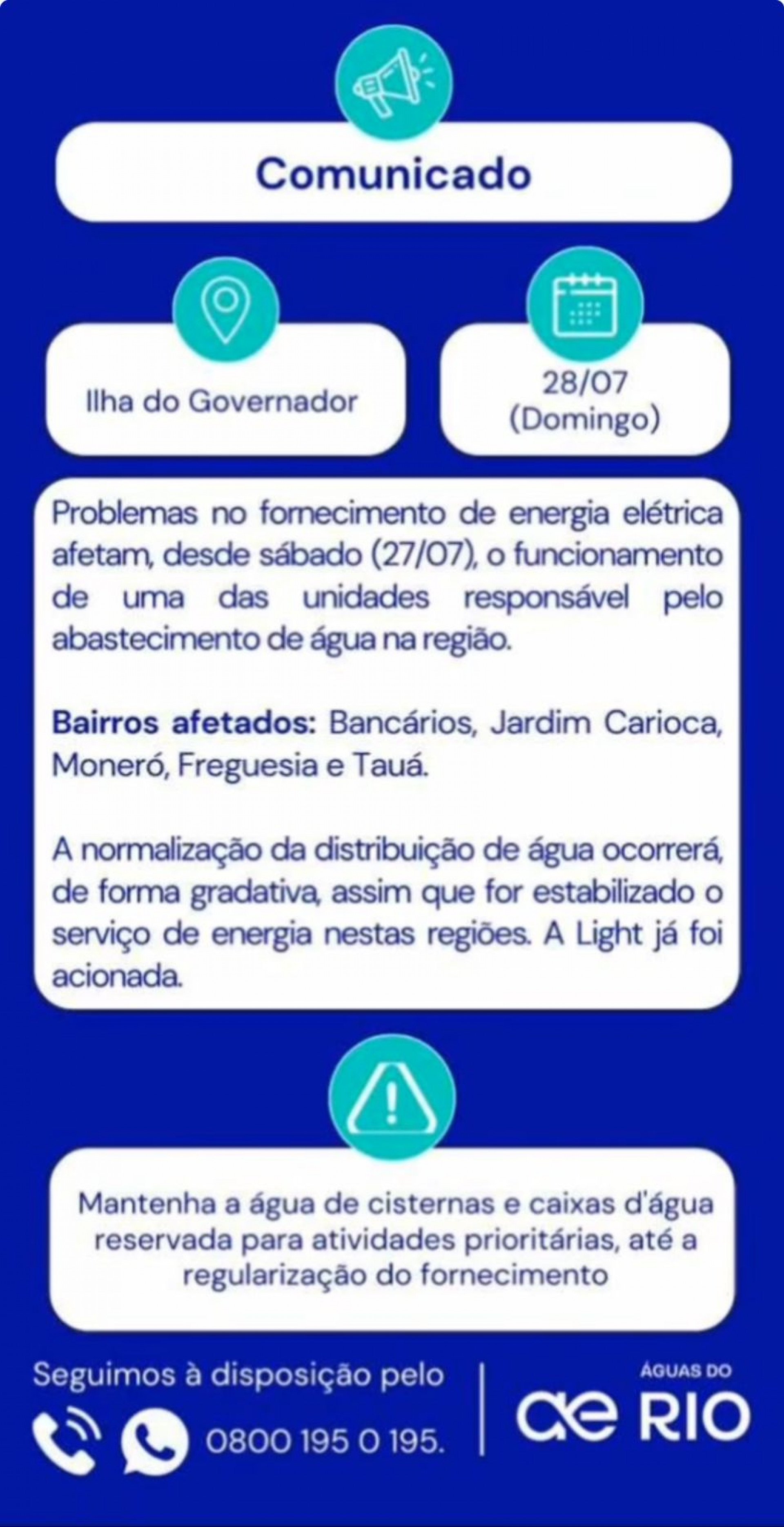 Águas do Rio envia comunicado a clientes sobre problemas no abastecimento do serviço neste domingo (28) - Arquivo Pessoal