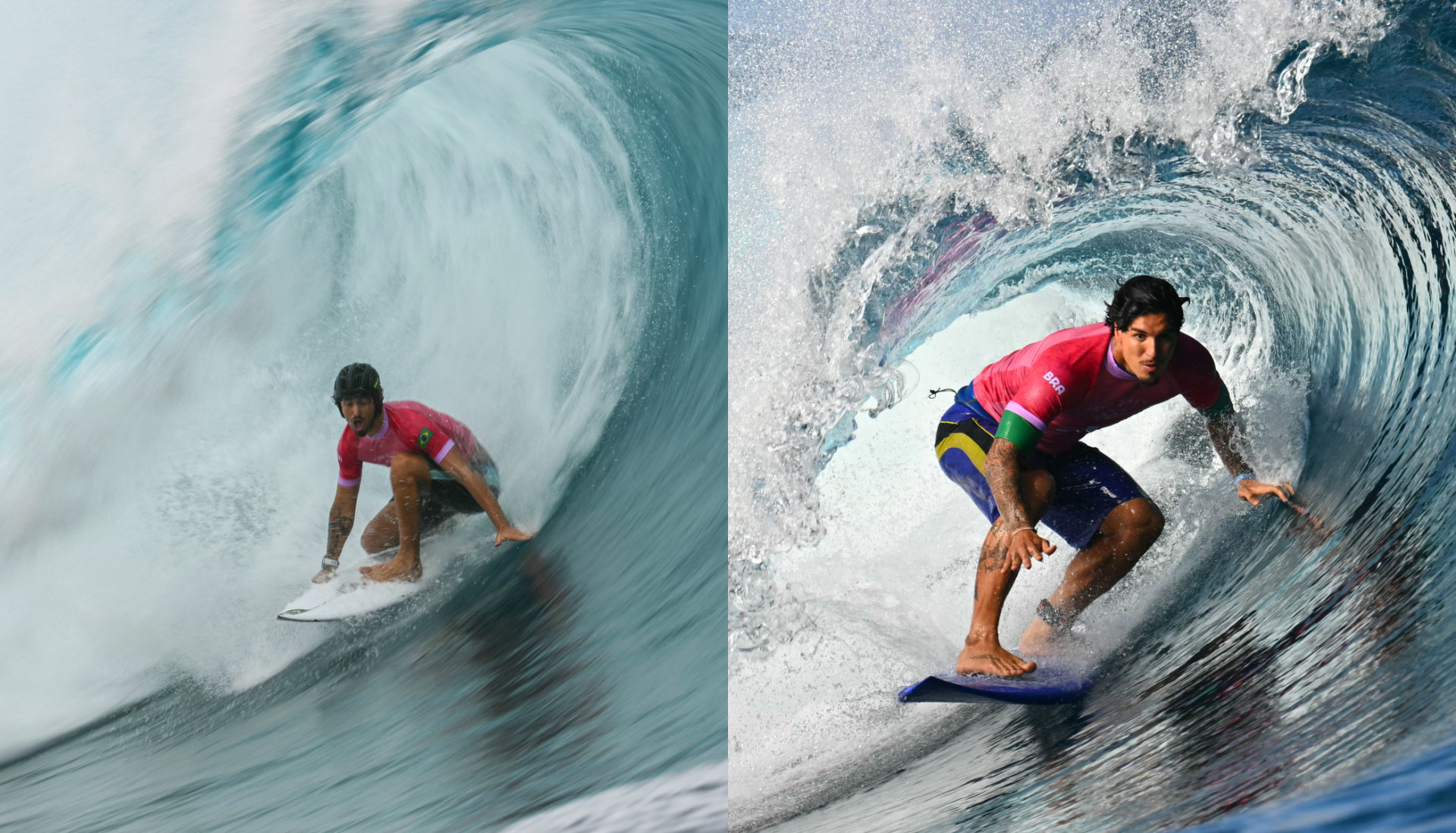 João Chianca e Gabriel Medina brilharam em suas baterias nas oitavas de final do surfe e farão duelo brasileiro nas quartas - AFP