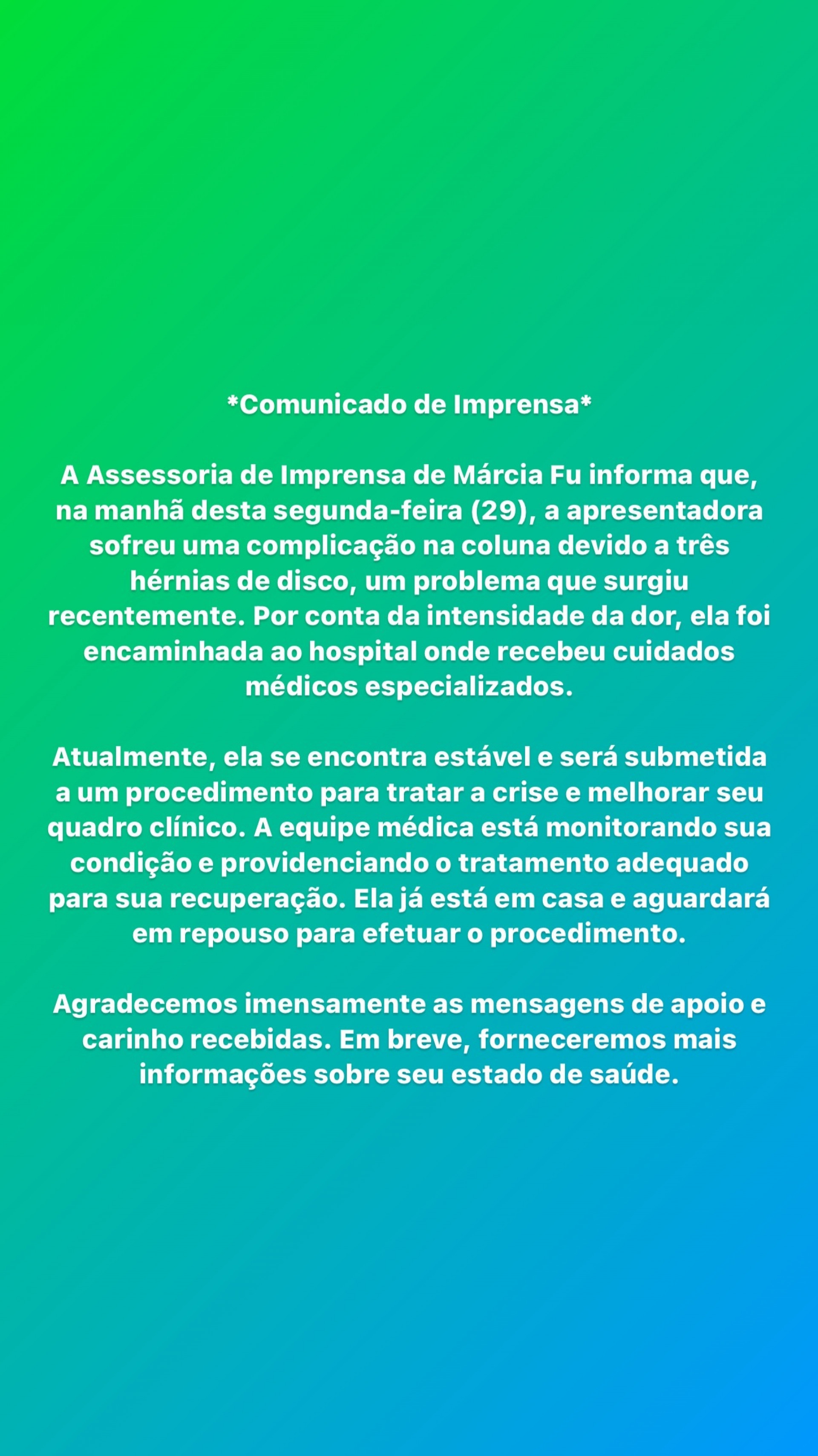 Marcia Fu tem complicações por hérnias de disco - Reprodução / Instagram