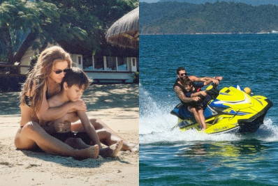 Gusttavo Lima e Andressa Suita aproveitam dia de sol em praia deserta com os filhos