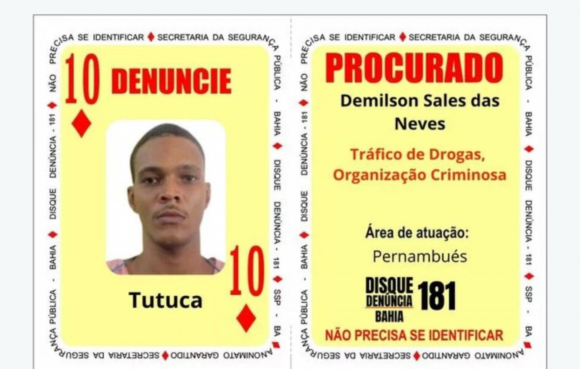 Cartaz da Secretaria de Segurança Pública da Bahia por informações sobre Tutuca - Divulgação/SSP-BA