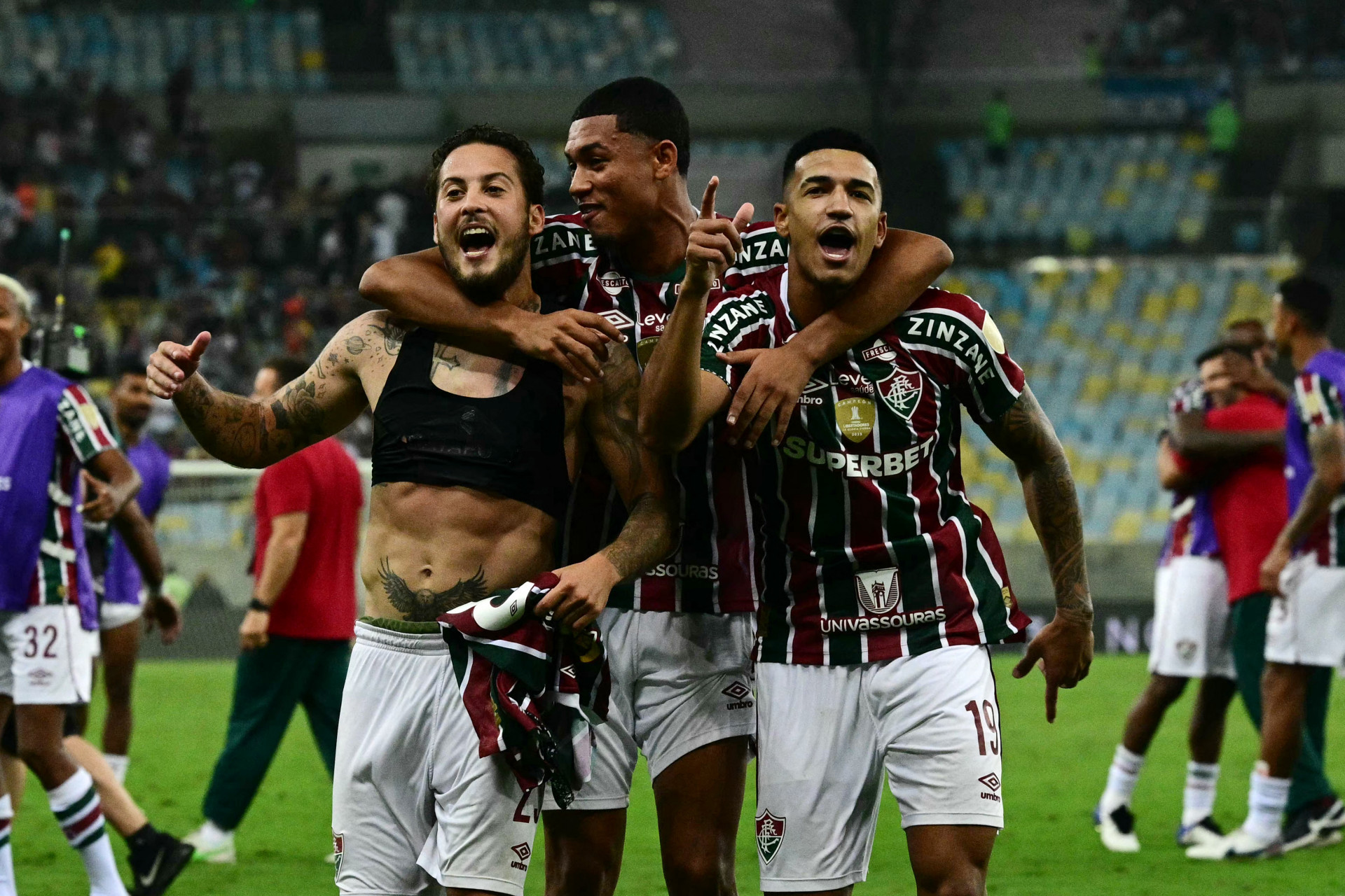 Jogadores comemoram ap&oacute;s classifica&ccedil;&atilde;o do Fluminense - Pablo Porciuncula / AFP