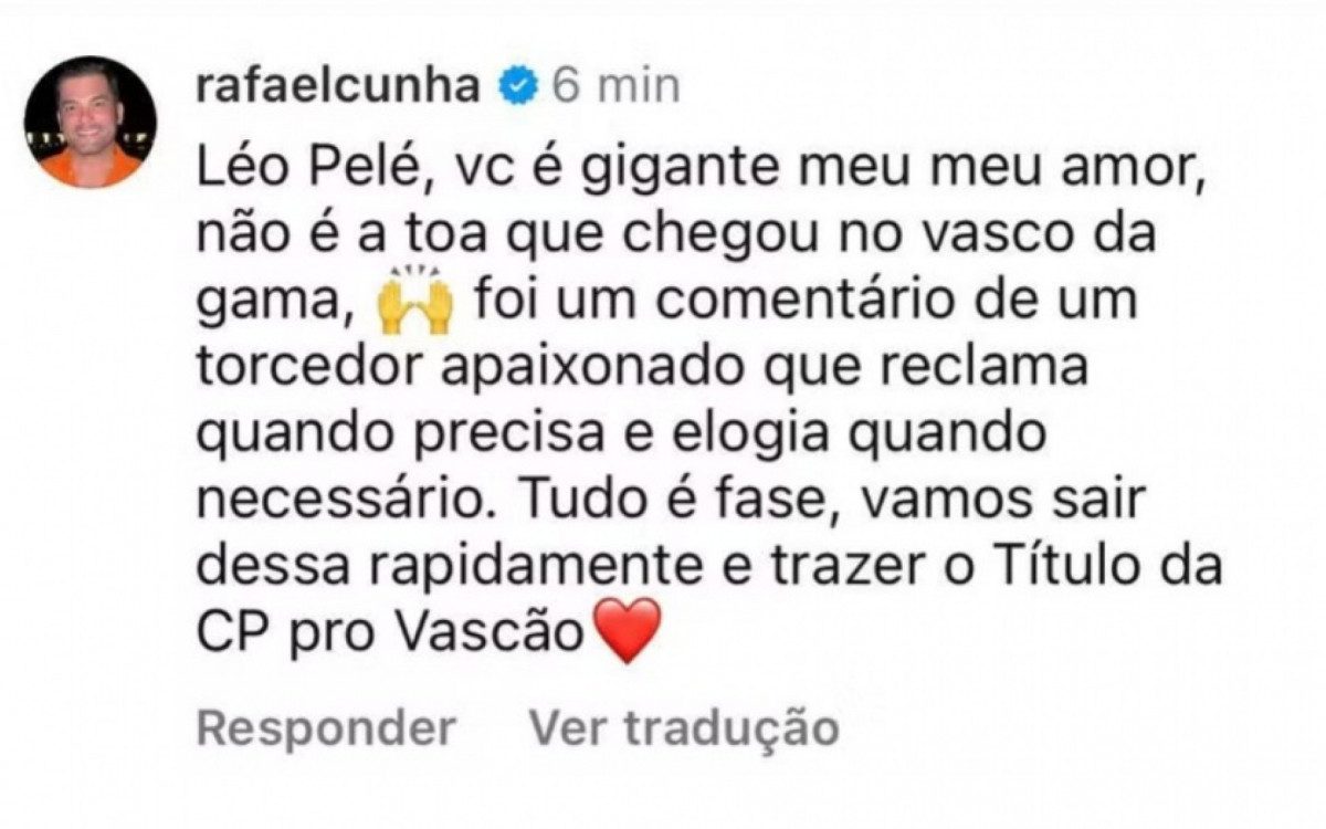 Comediante Rafael Cunha fez piada com Léo, do Vasco, e se retratou nas redes