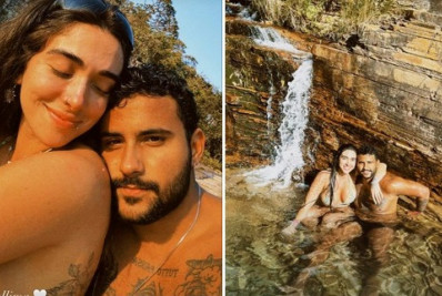 Ex-BBBs Lucas Pizane e Giovanna Lima curtem banho de cachoeira em Minas Gerais