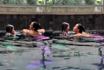 Sabrina Sato e a filha usam rabos de sereia para curtir dia de piscina