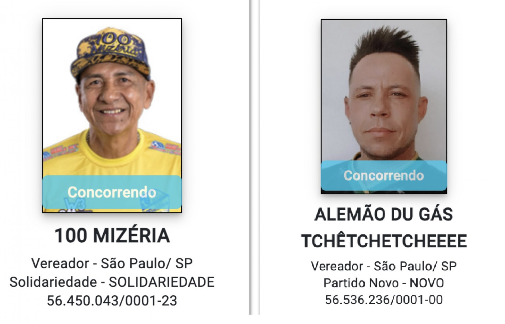 100 Miz&eacute;ria (Solidariedade) e Alem&atilde;o du G&aacute;s Tch&ecirc;TcheTcheee (Novo), ambos de S&atilde;o Paulo (SP) - Divulga&ccedil;&atilde;o / TRE