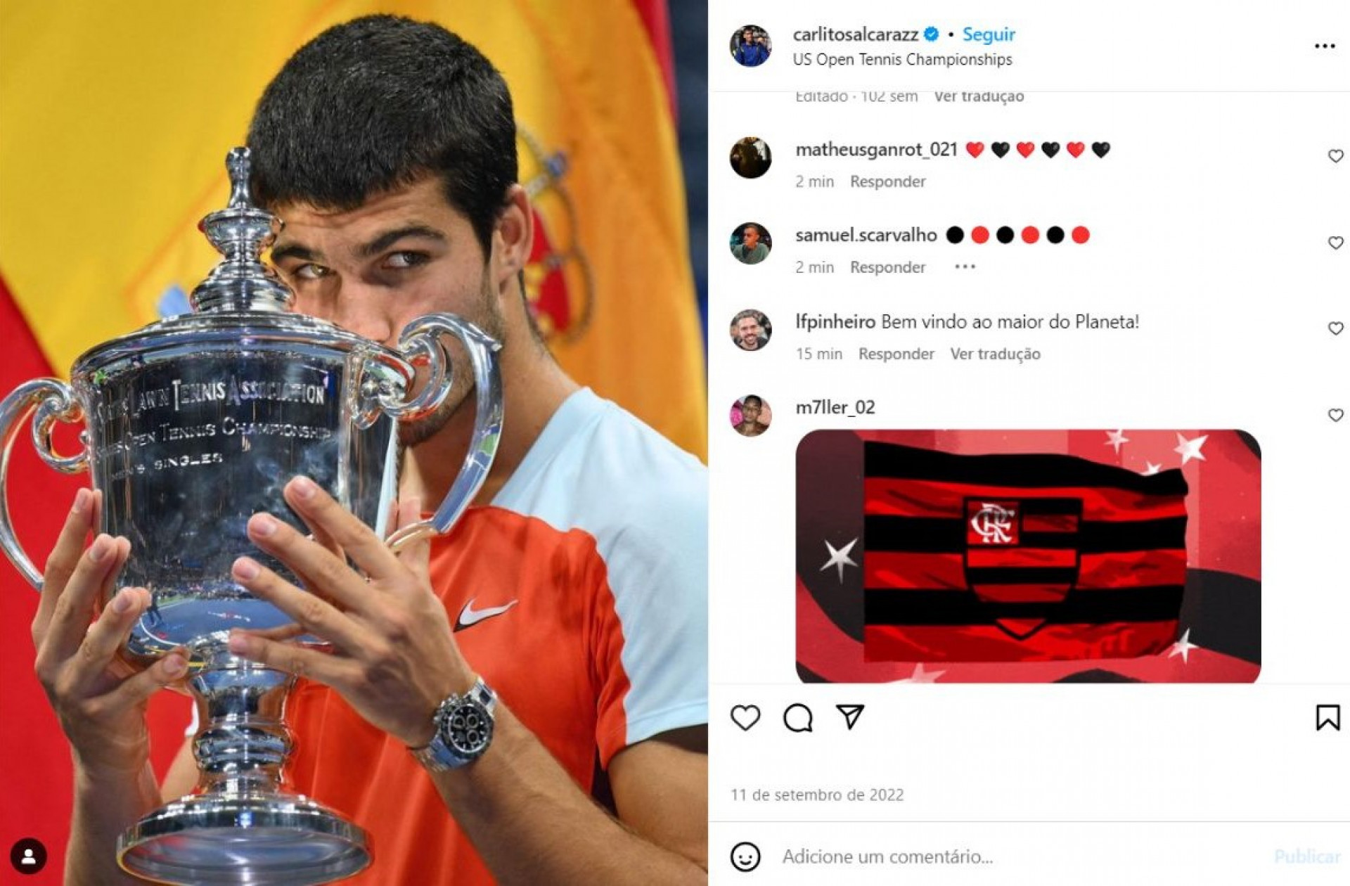 Flamenguistas invadiram as redes sociais do tenista espanhol depois do anúncio do argentino Carlos Alcaraz - Reprodução / Instagram