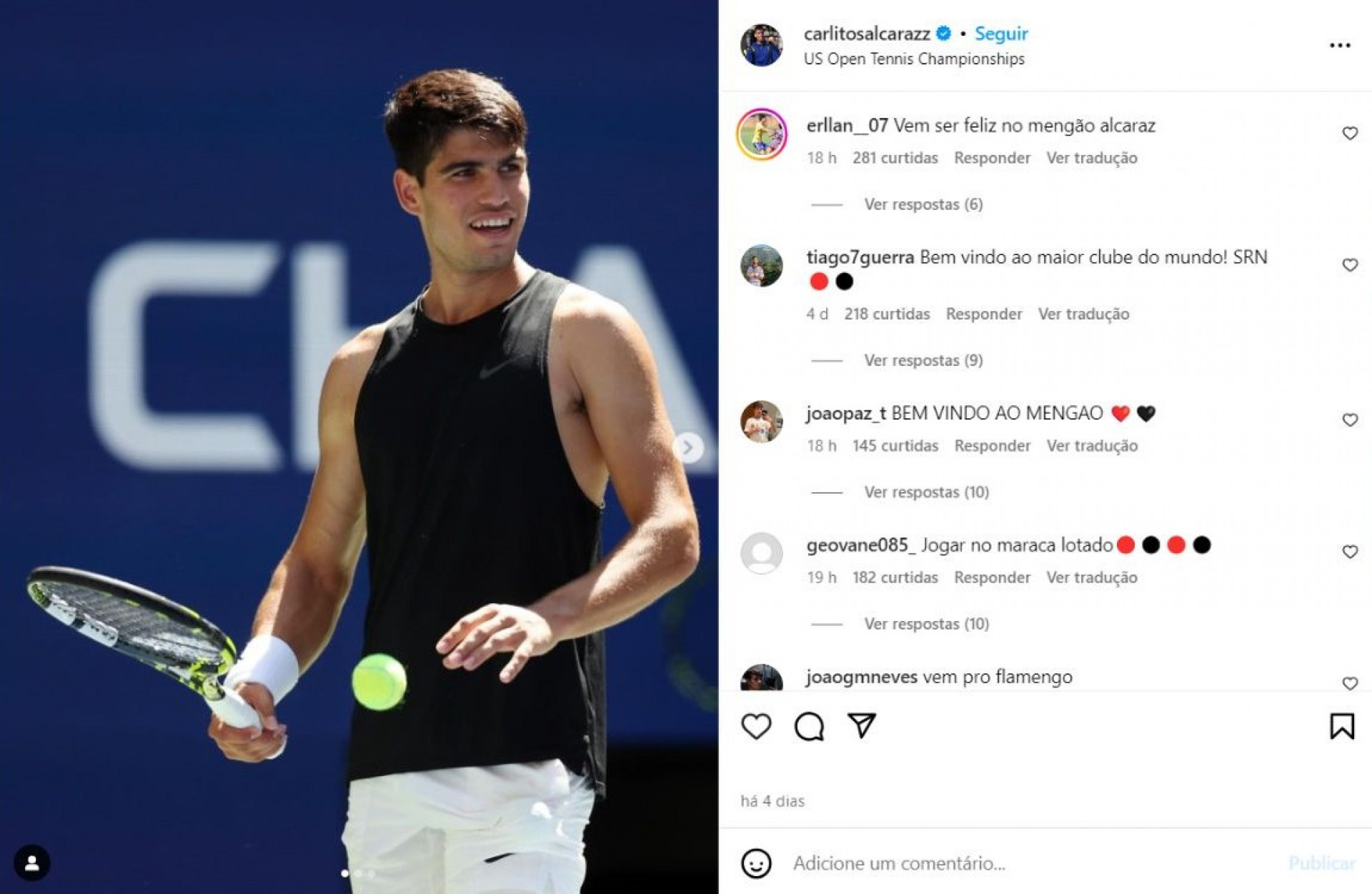 Flamenguistas invadiram as redes sociais do tenista espanhol depois do anúncio do argentino Carlos Alcaraz - Reprodução / Instagram