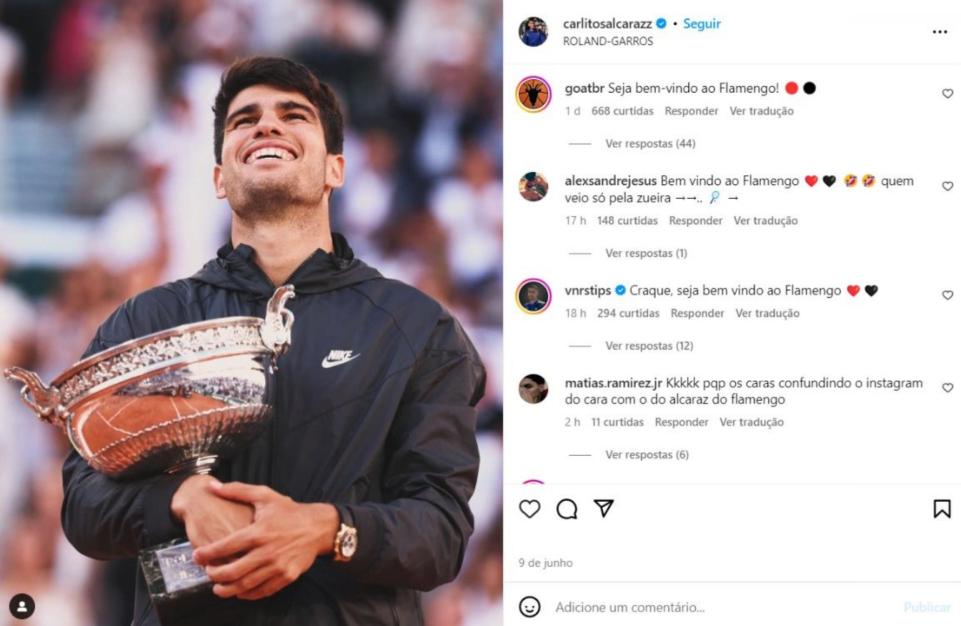 Flamenguistas invadiram as redes sociais do tenista espanhol depois do anúncio do argentino Carlos Alcaraz - Reprodução / Instagram