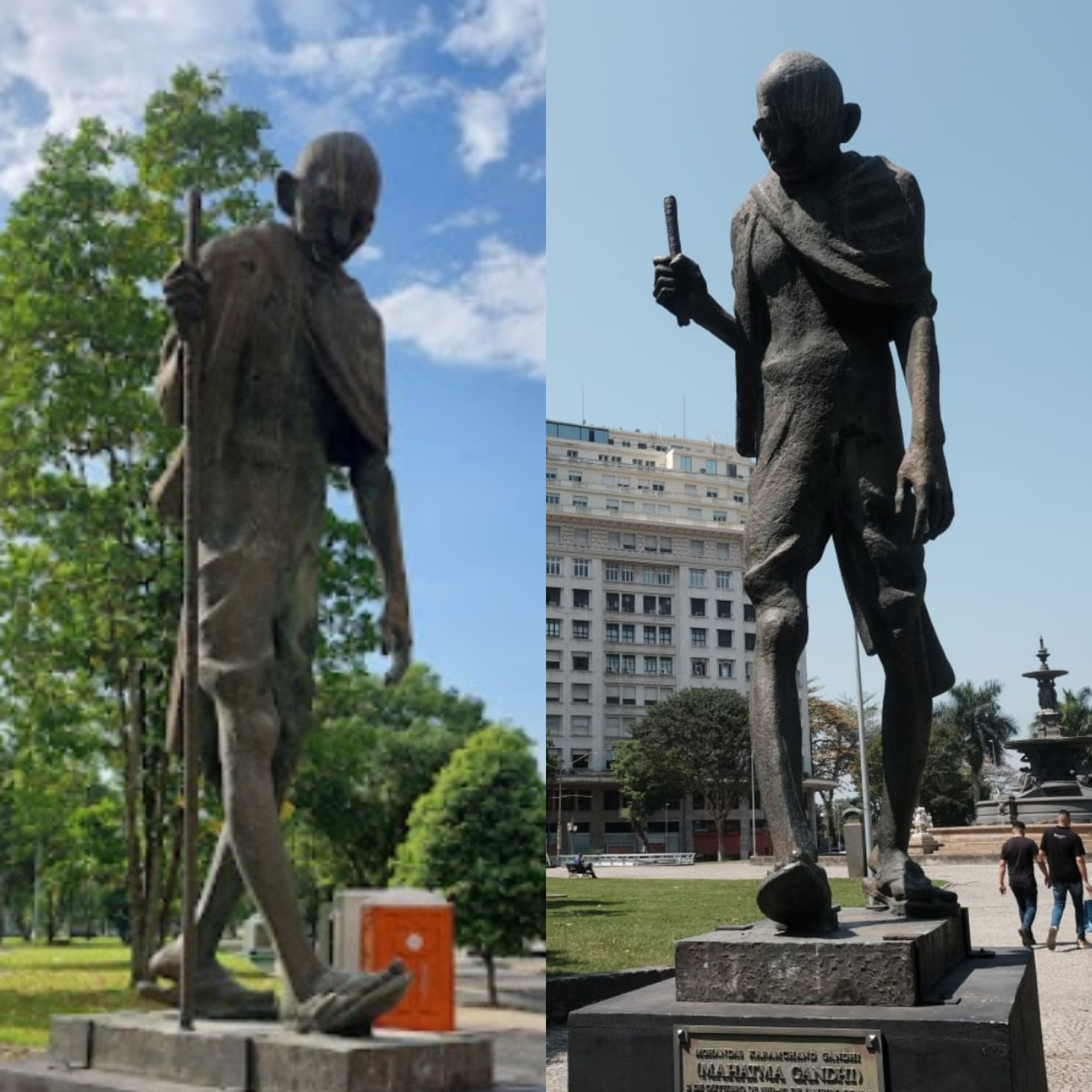 Antes e depois da estátua em homenagem a Mahatma Ghandi - Reprodução/Google Maps e Pedro Teixeira/Agência O Dia