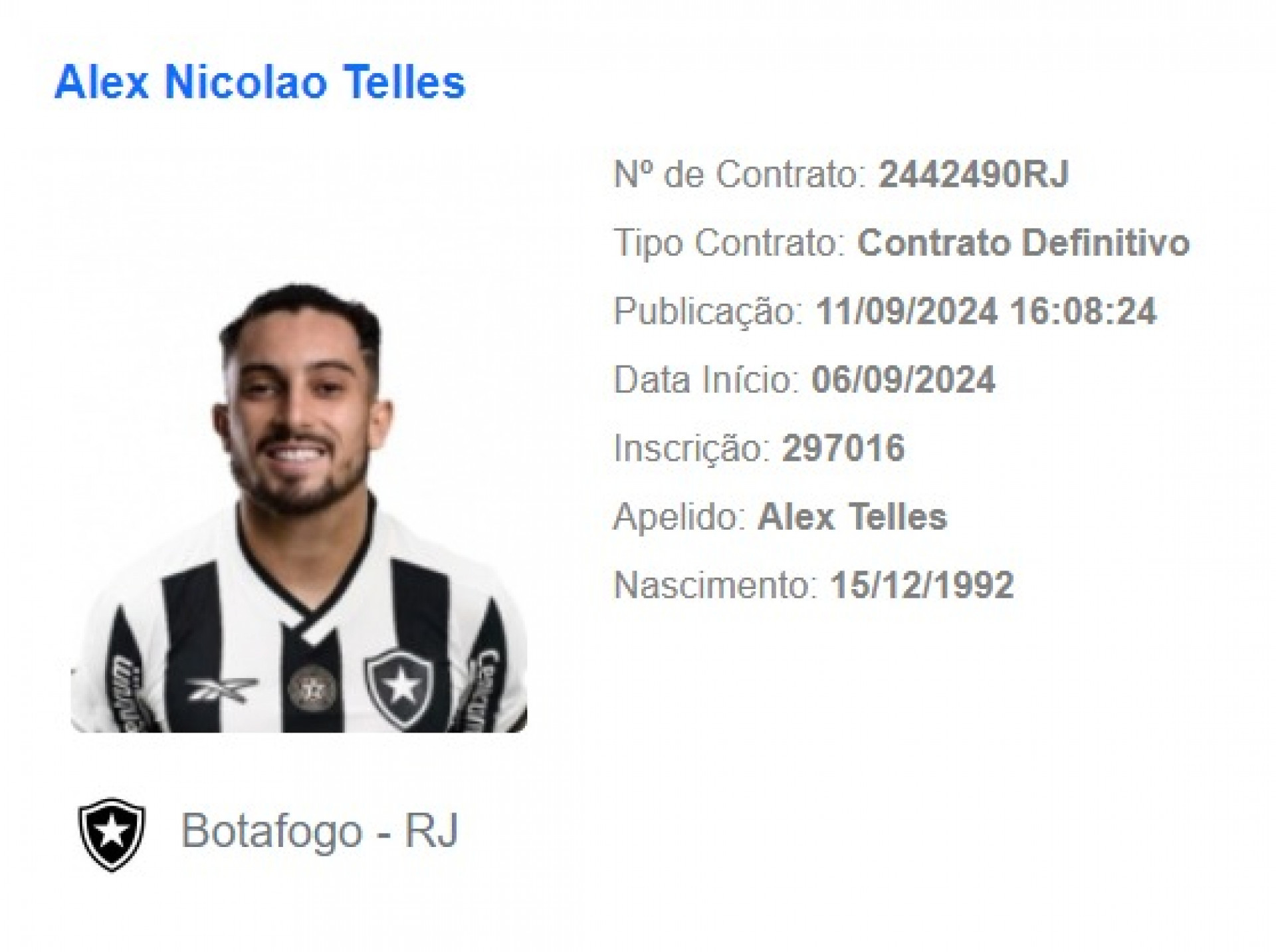 Alex Telles foi regularizado no BID da CBF e pode estrear pelo Botafogo - Reprodução/BID