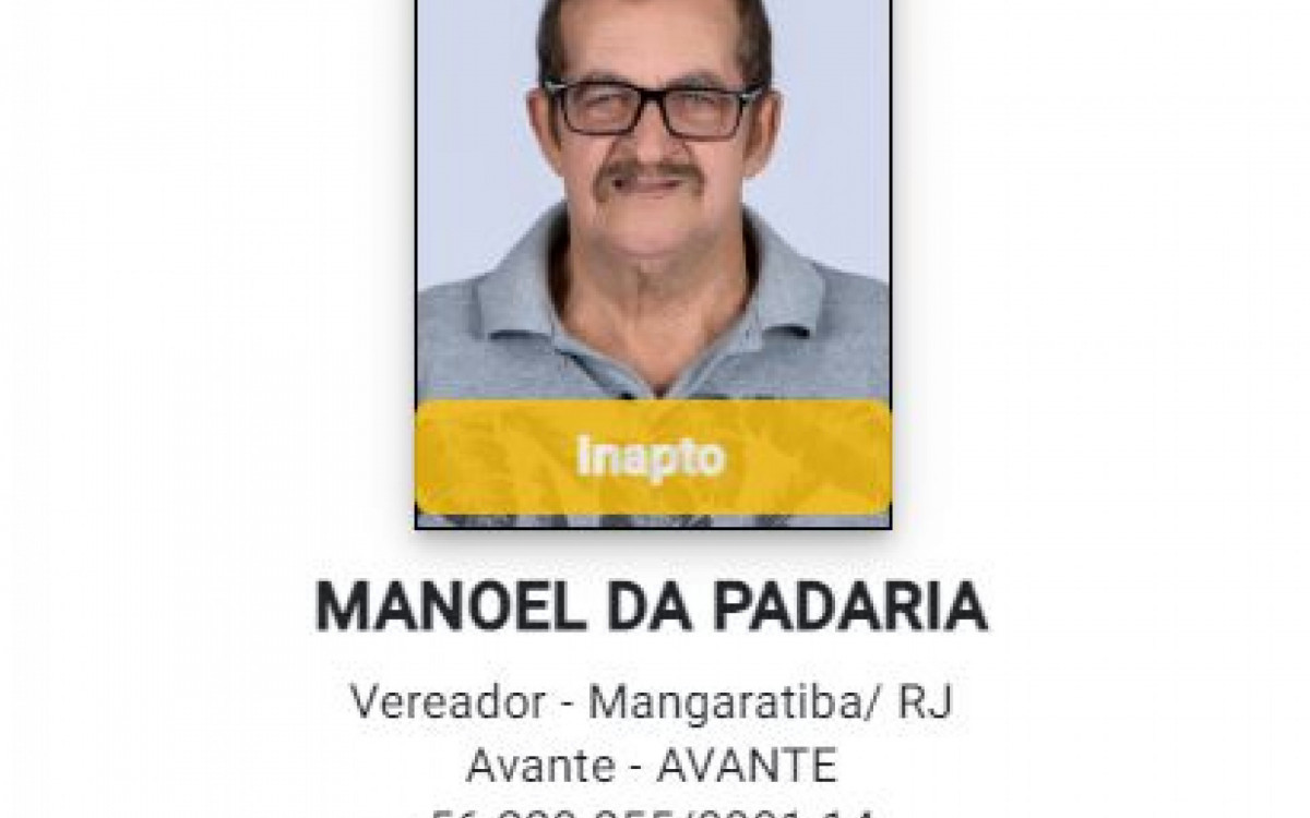 Manoel da Padaria (Avante), candidato a vereador em Mangaratiba (RJ), faleceu aos 74 anos no &uacute;ltimo dia 29 de agosto. O postulante a prefeito da cidade Luiz Claudio Ribeiro cancelou compromissos de campanha por causa da fatalidade. O motivo da morte n&atilde;o foi informado - Divulga&ccedil;&atilde;o / TSE